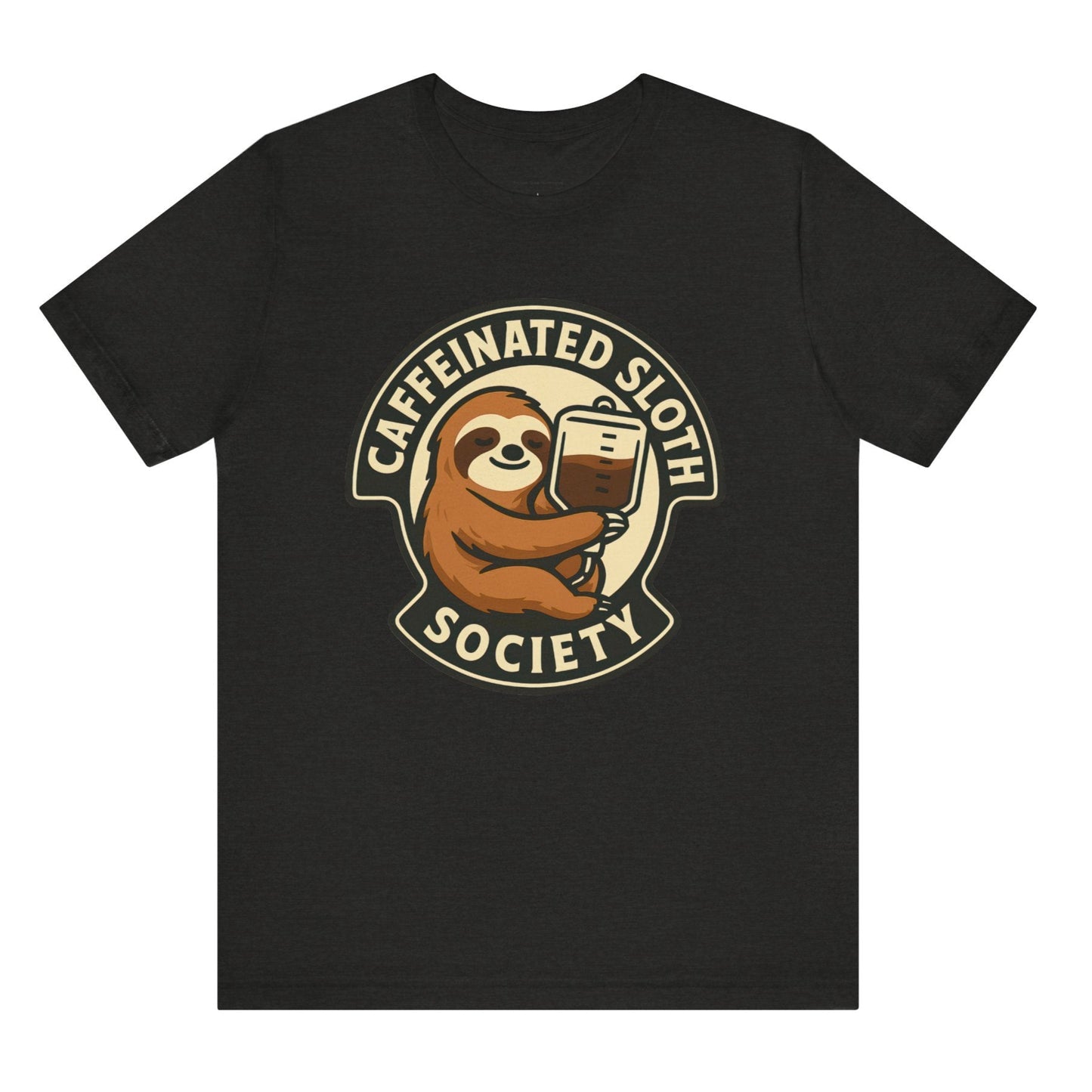 Black t-shirt with a sloth holding a coffee cup graphic and 'Caffeinated Sloth Society' text on a white background.