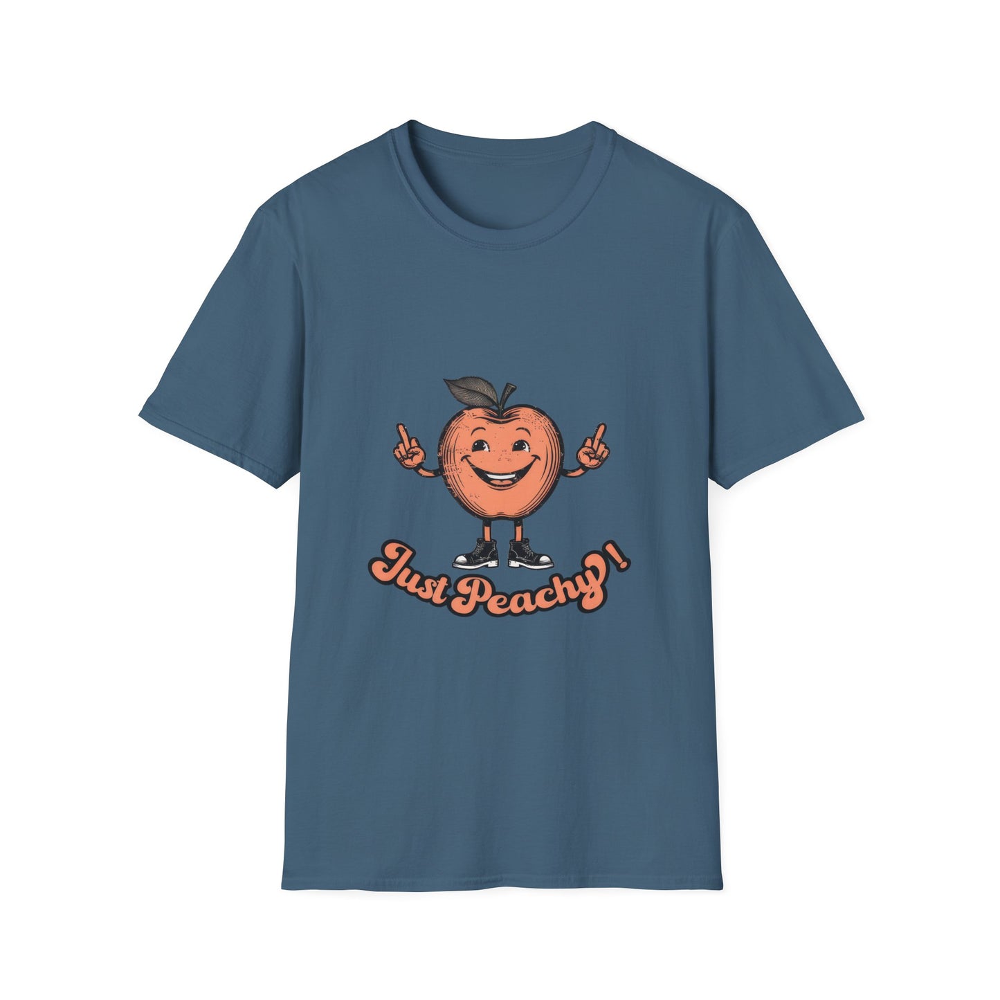 A blue men's crew neck t-shirt with the text 'Just Peachy' and an illustration of a peach with a face on it.