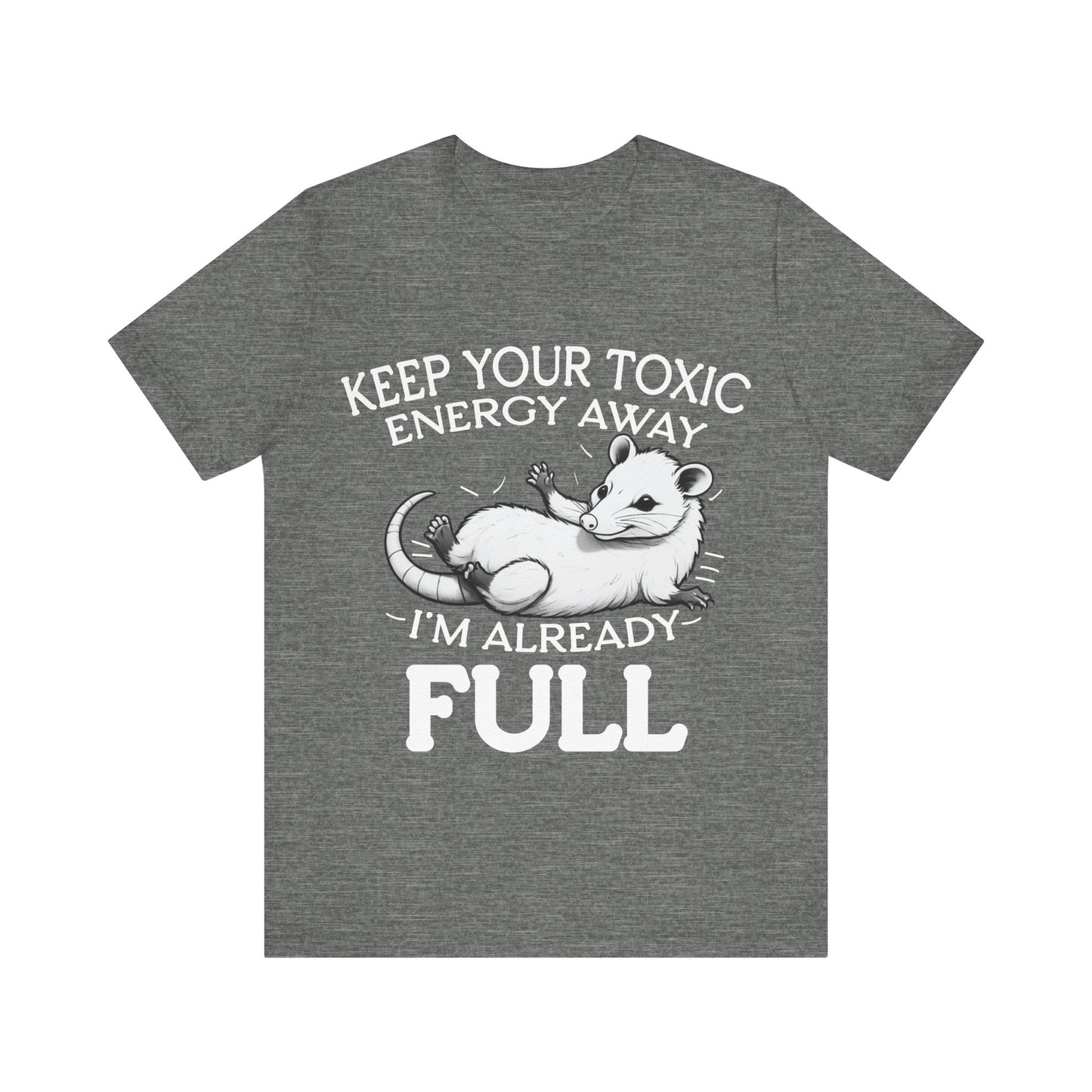 Gray t-shirt with a graphic of an opossum and text on a white background