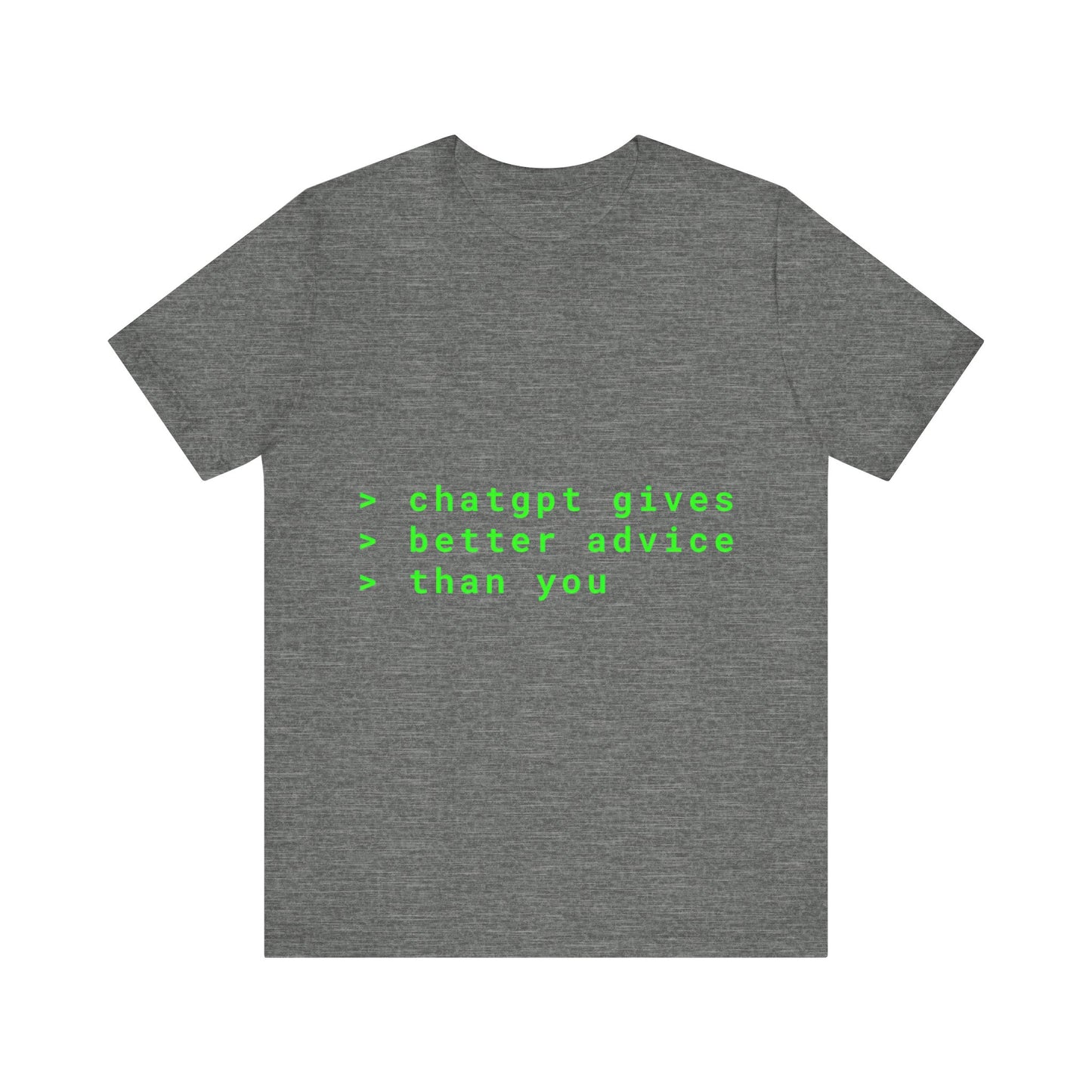 Gray t-shirt with green text on a white background