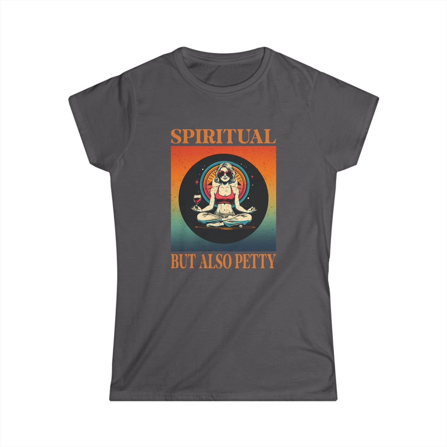 Gray t-shirt with a graphic design and text 'Spiritedual But Also Petty' on a white background