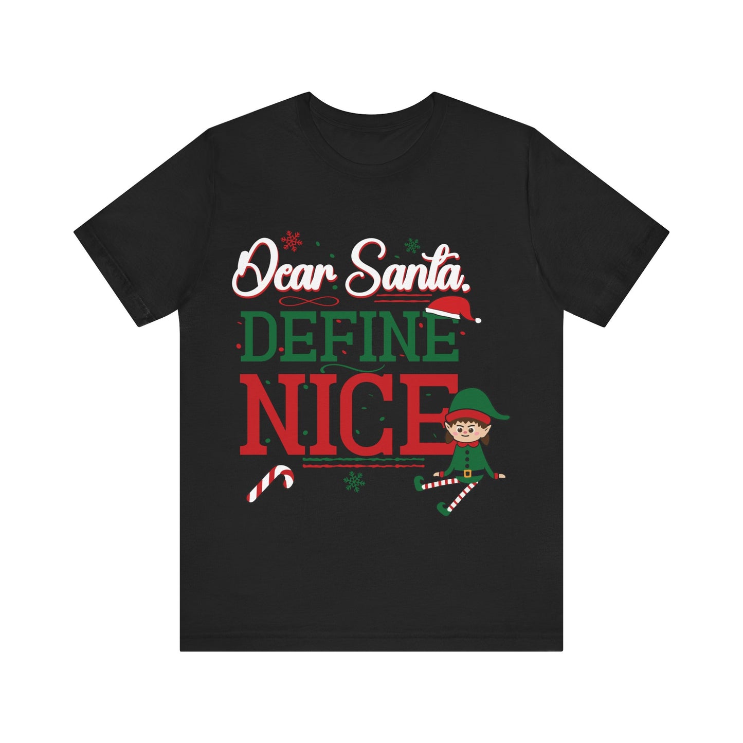 Black t-shirt with Christmas-themed text and graphics on a white background