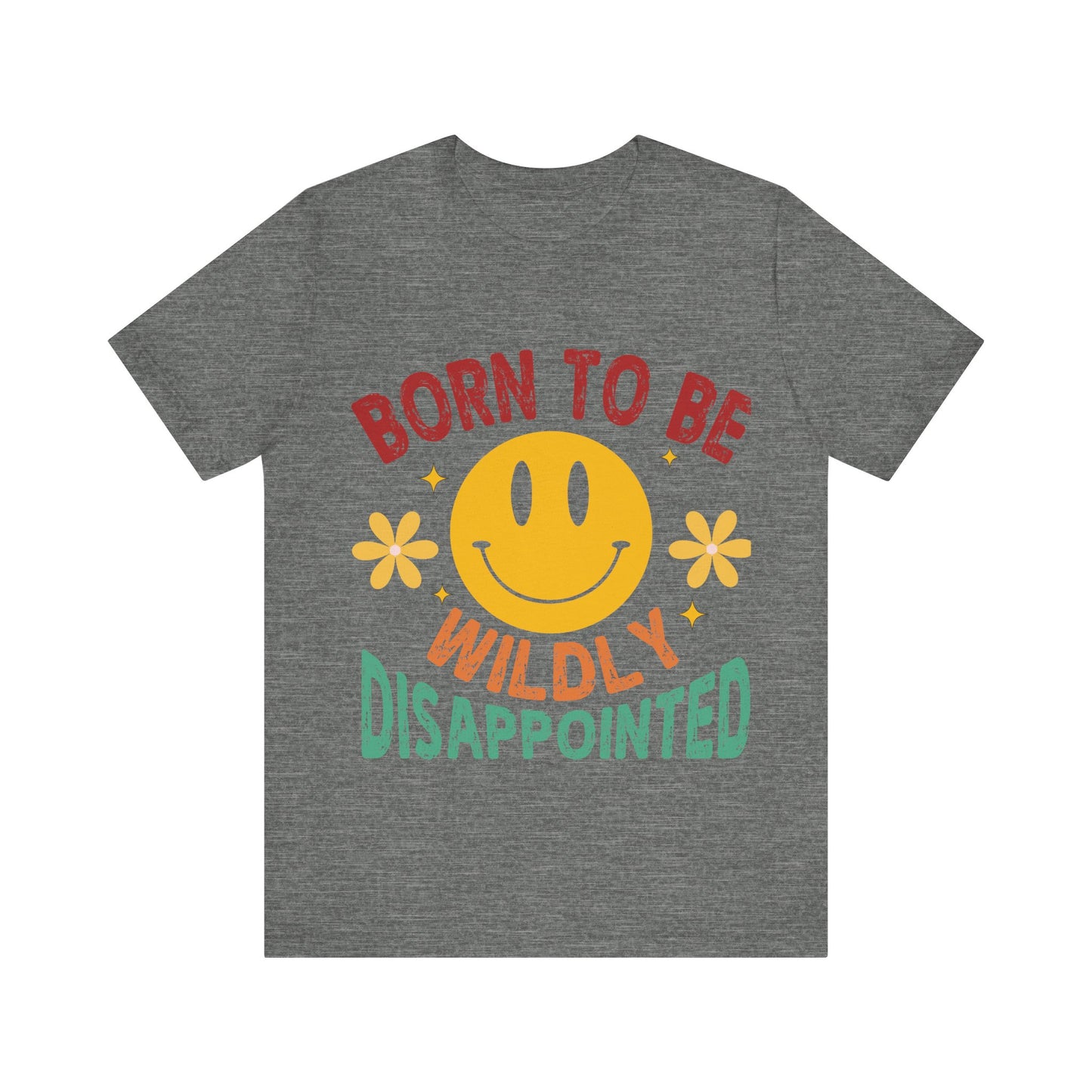 Gray t-shirt with a smiley face and text on the back against a white background