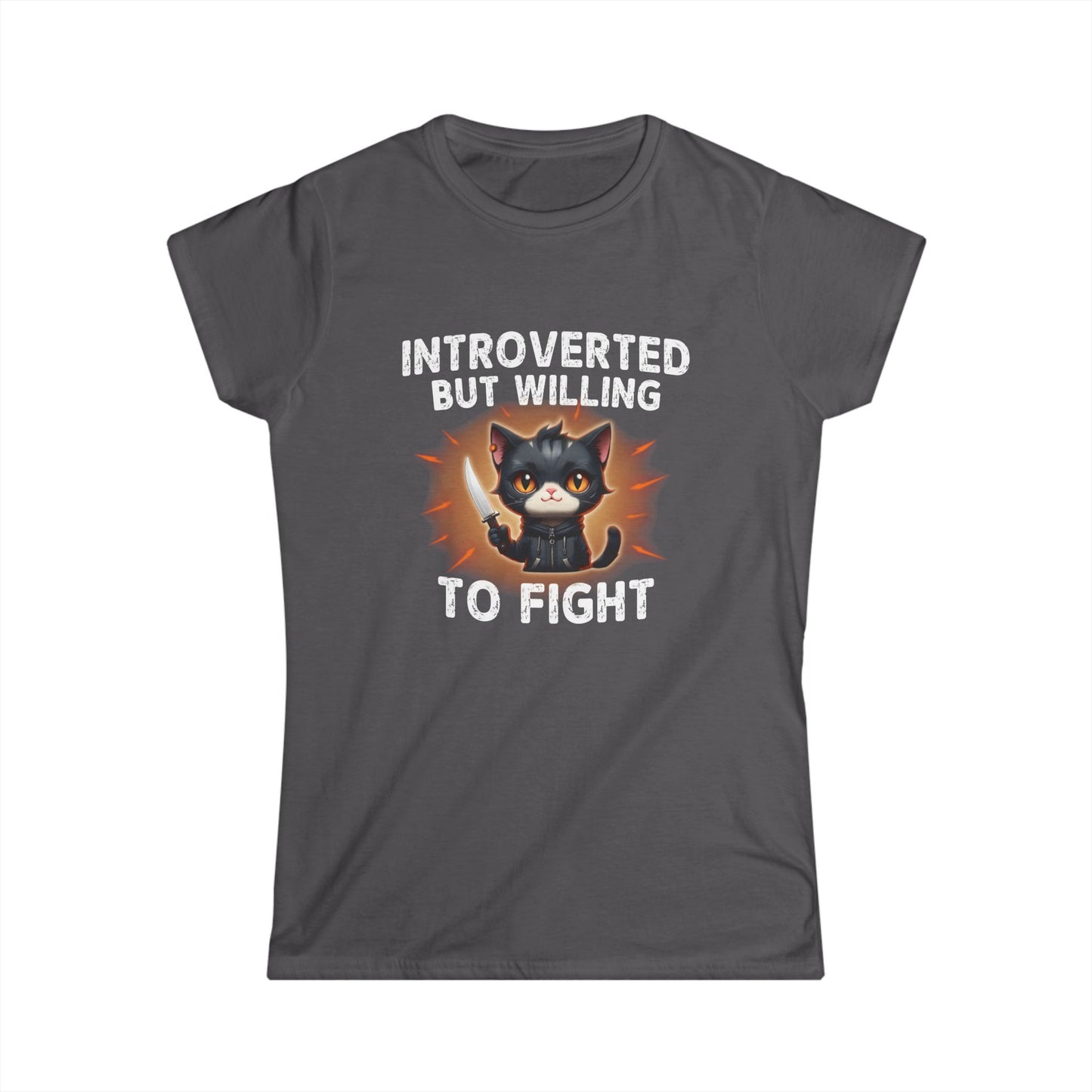 Gray t-shirt with a cat graphic and text 'Introverted but willing to fight' on a white background