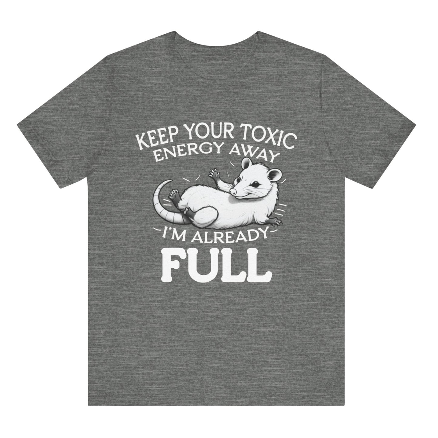 Gray t-shirt with a graphic of a opossum and text on a white background