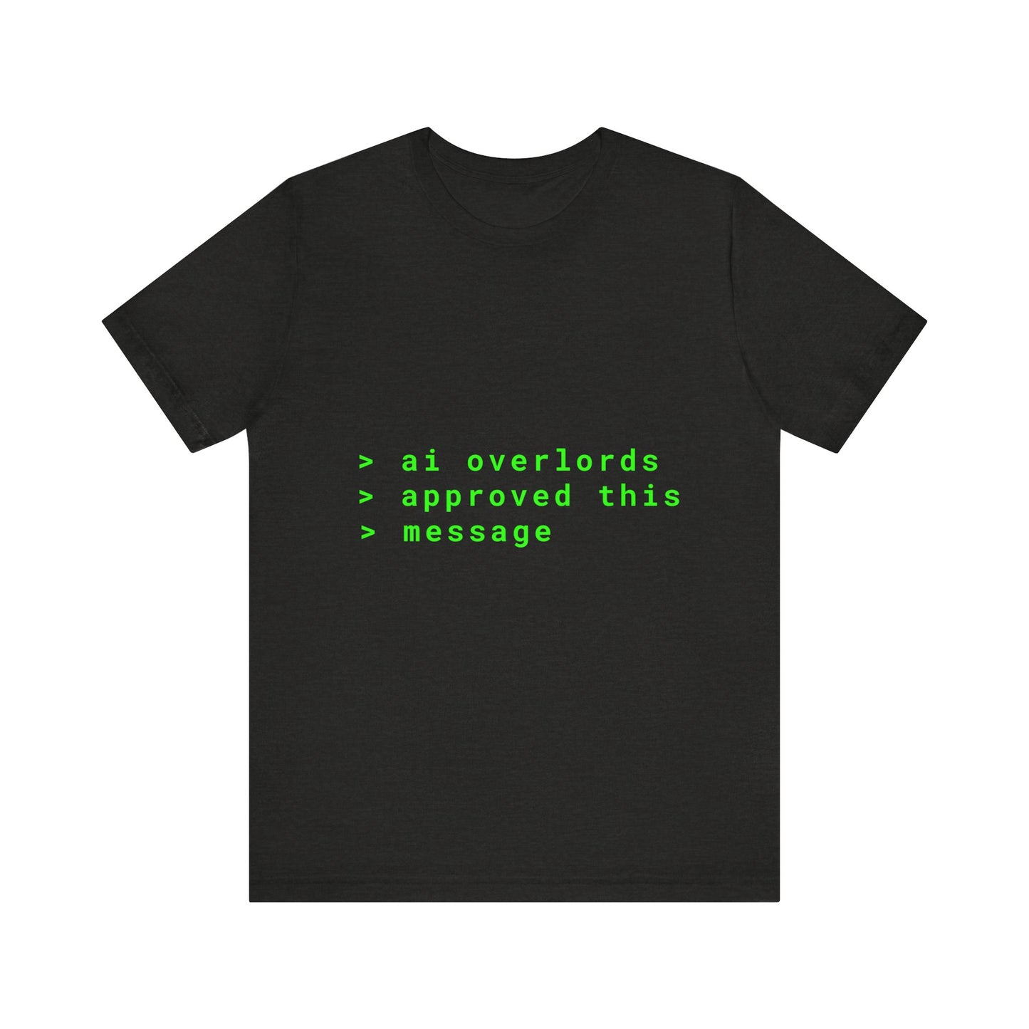 Black t-shirt with green text on a white background