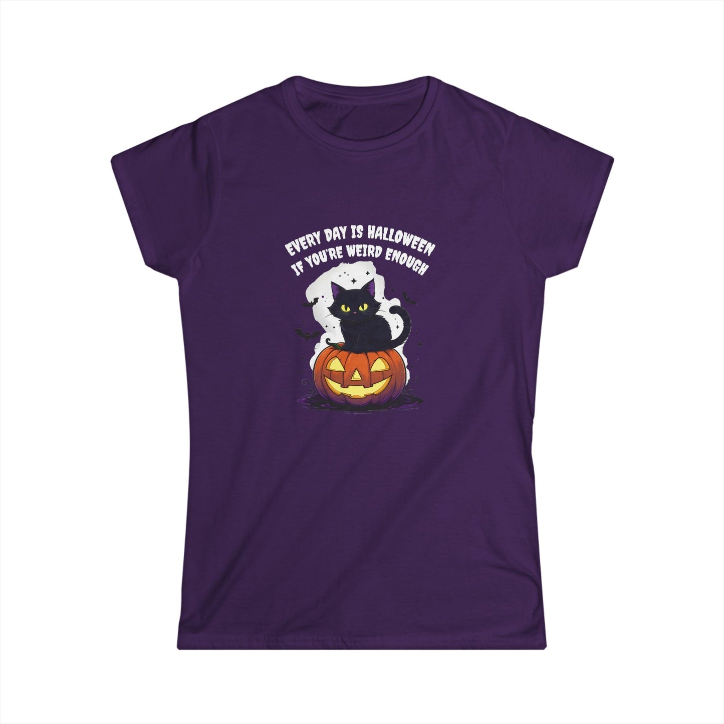 Purple t-shirt with Halloween graphic and text on a white background
