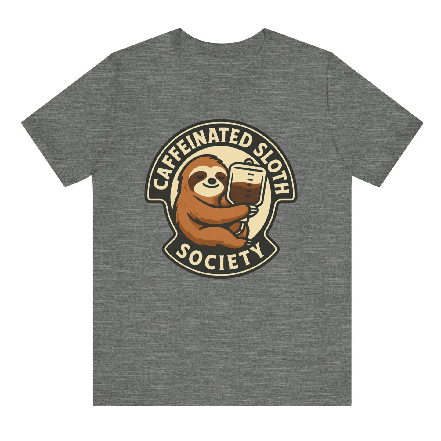 Gray t-shirt with a 'Caffeinated Sloth Society' graphic on a white background