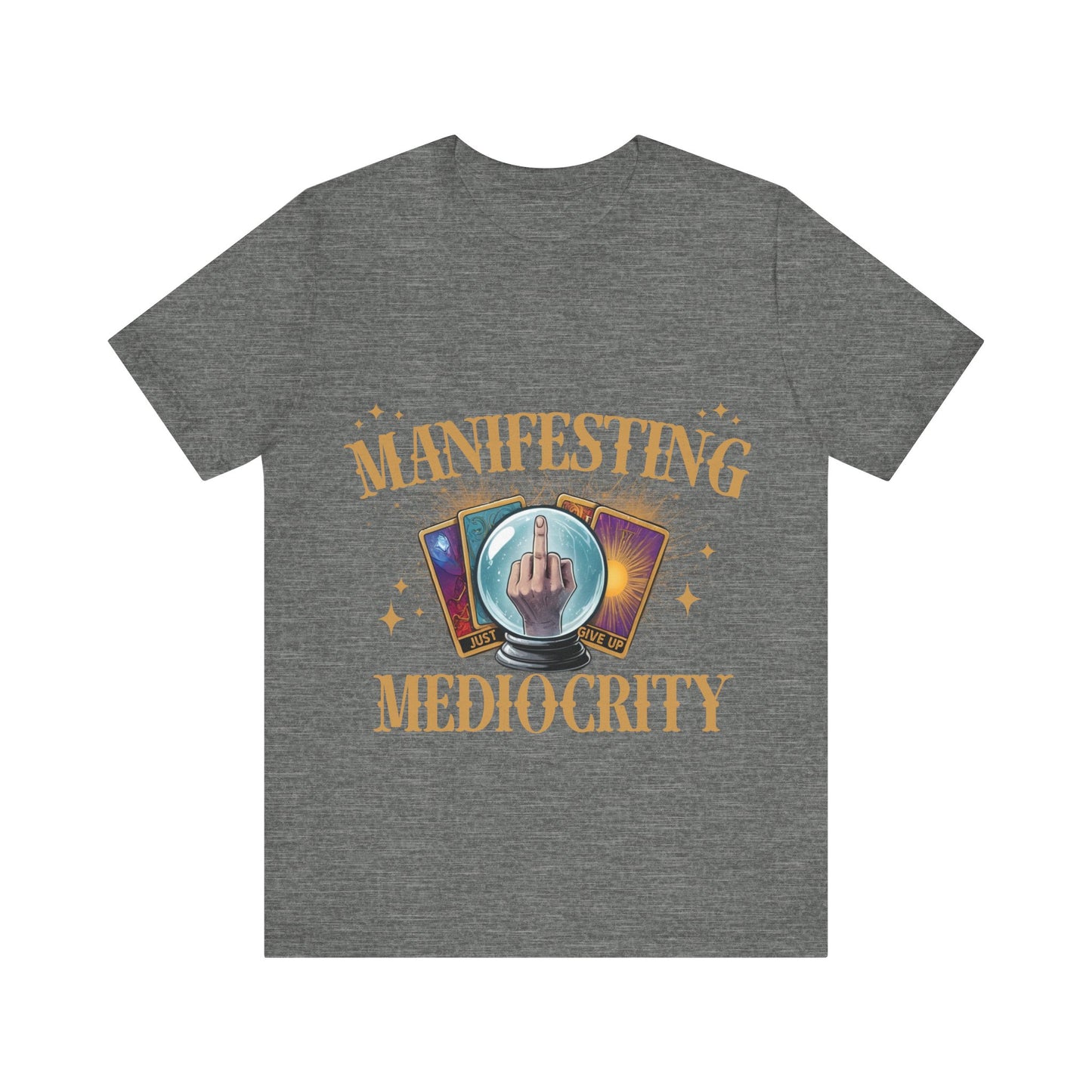 Gray t-shirt with graphic design and text on a white background