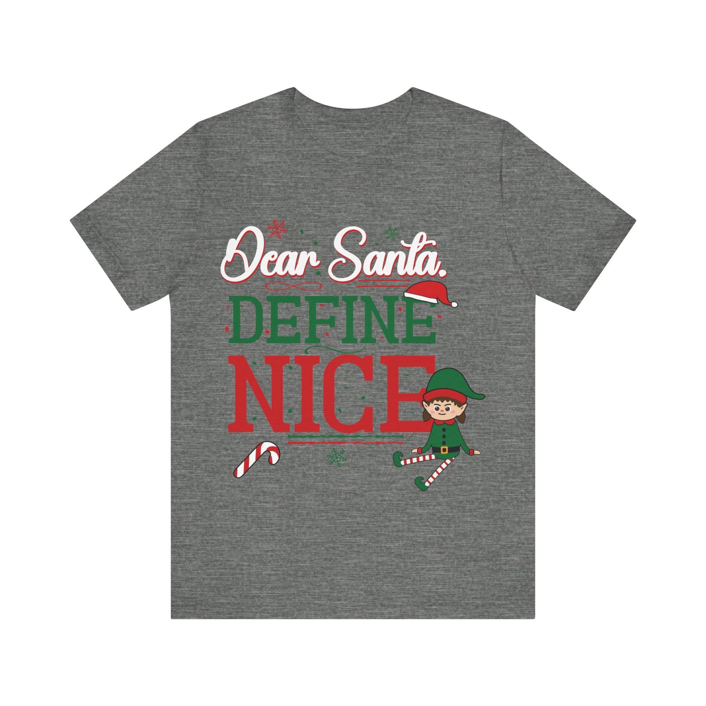 Gray t-shirt with Christmas-themed text and graphics on a white background
