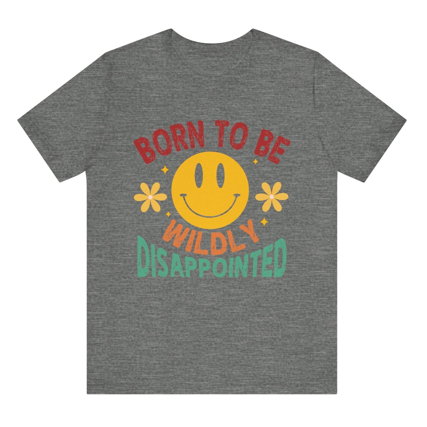 Gray t-shirt with a smiley face and text design on a white background