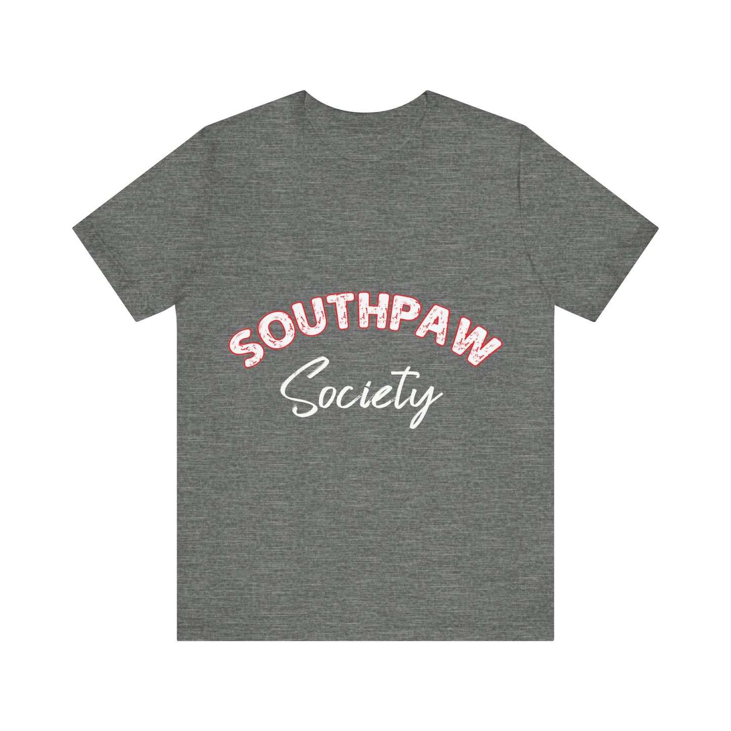 Gray t-shirt with 'Southpaw Society' text on a white background