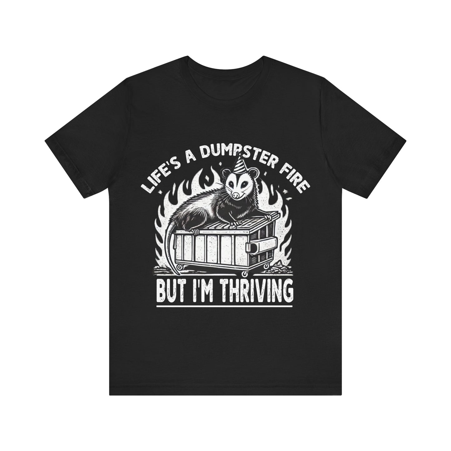 Black t-shirt with white graphic and text on a white background