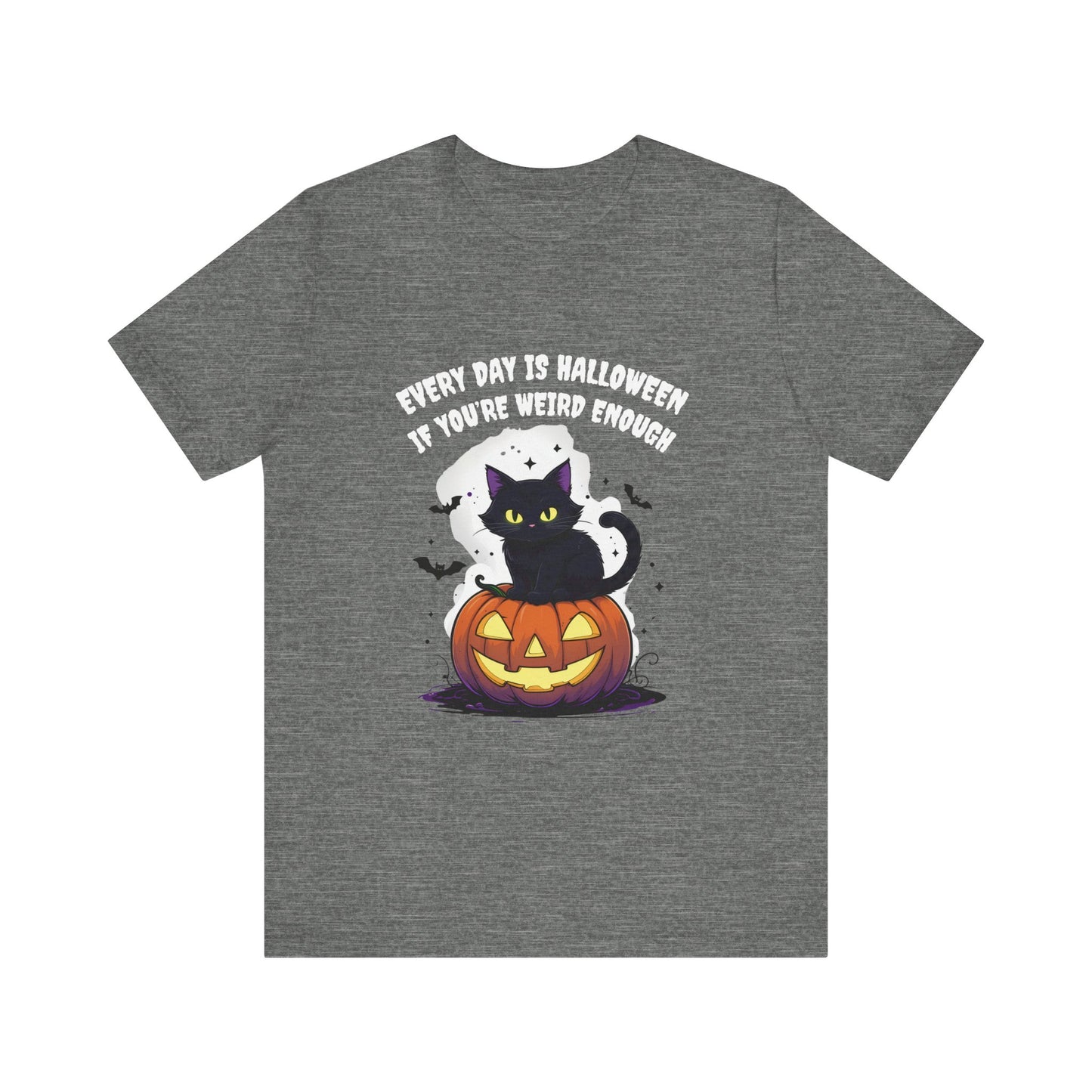 Gray t-shirt with Halloween design featuring a black cat, ghost, and pumpkin with text on a white background.