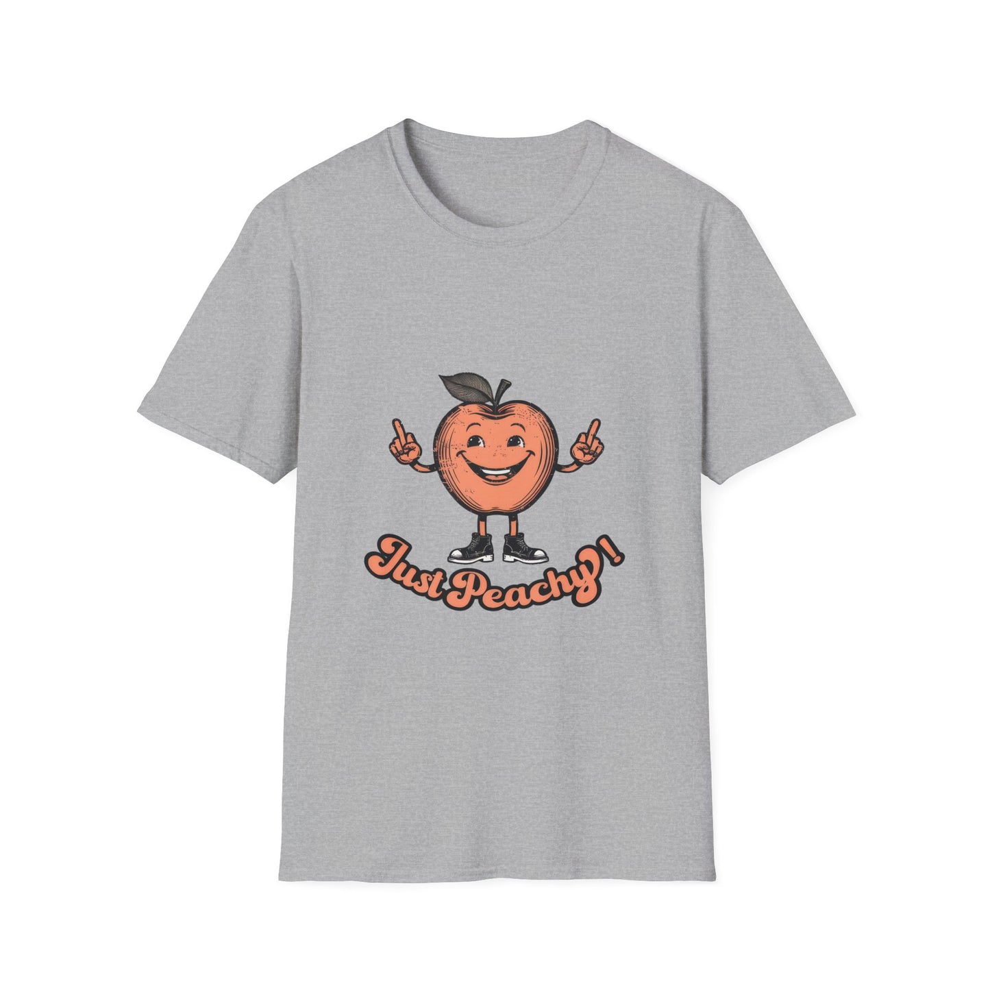 A blue men's crew neck t-shirt with the text 'Just Peachy' and an illustration of a peach with a face on it.