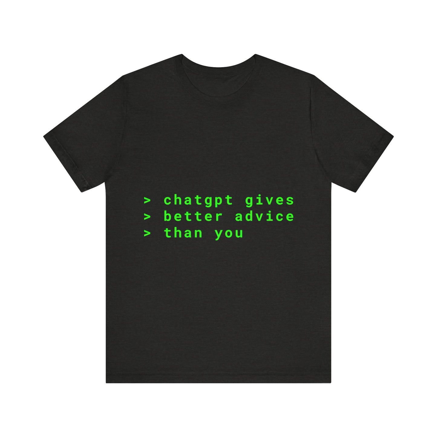 Black t-shirt with green text on a white background