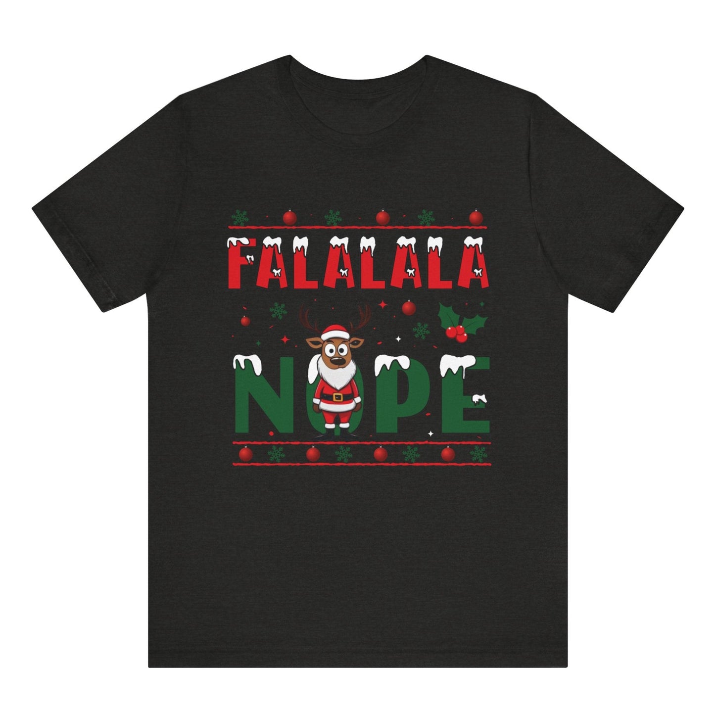 Black t-shirt with Christmas-themed text and graphics on a white background