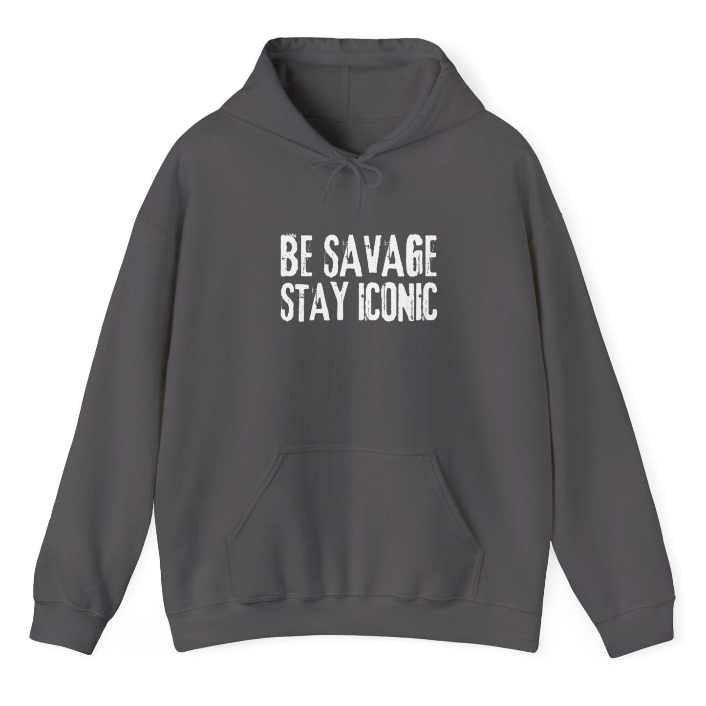 Gray hoodie with 'BE SAVAGE STAY ICONIC' text on a white background