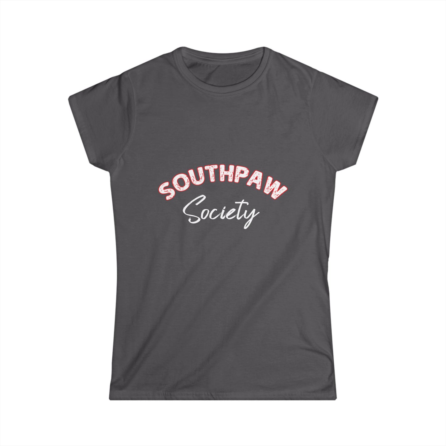 Dark gray t-shirt with 'Southpaw Society' text on a white background