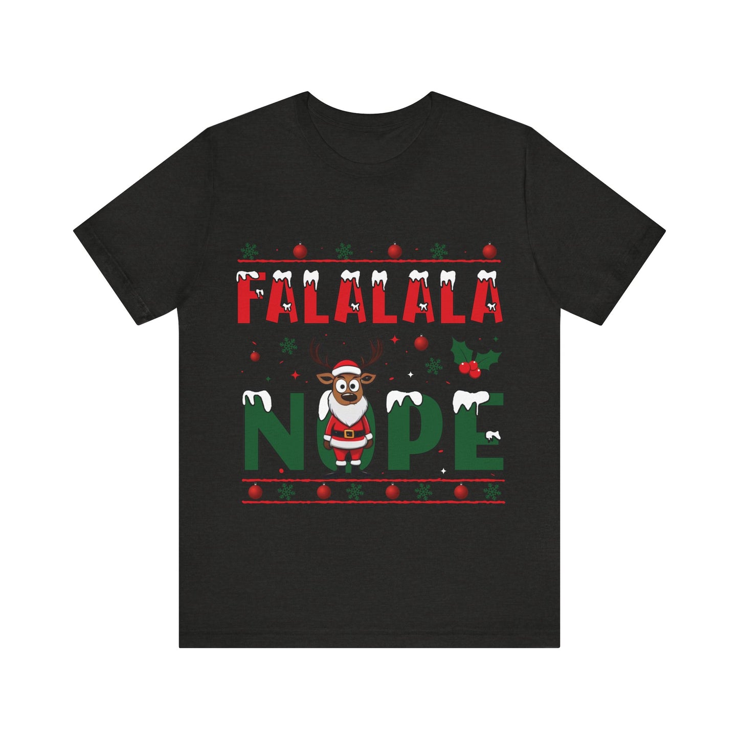 Black t-shirt with Christmas-themed design featuring a reindeer and text on a white background