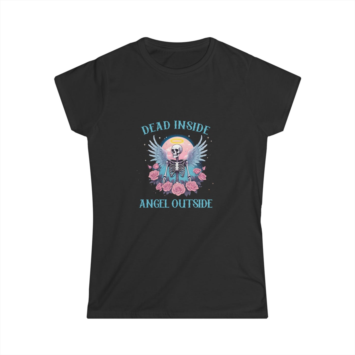Black t-shirt with a skeleton and floral design on a white background