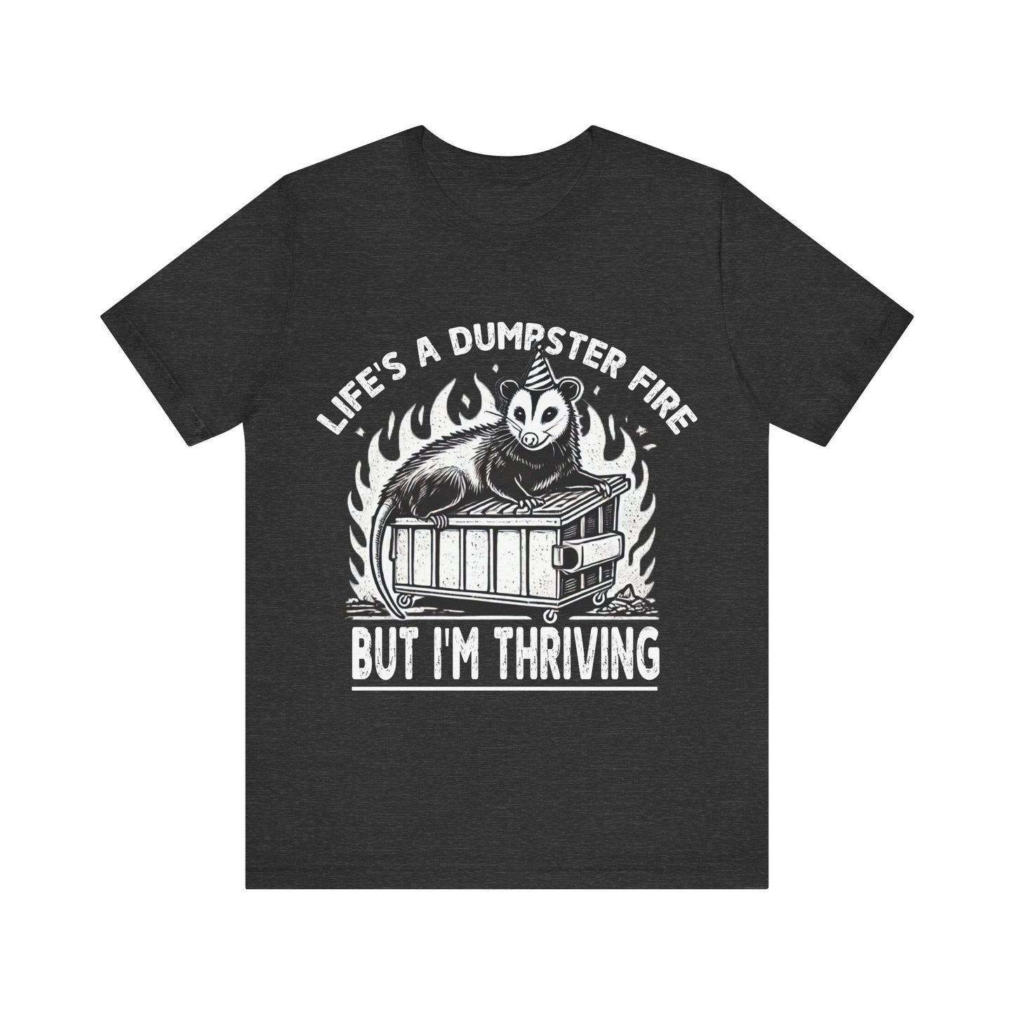 Black t-shirt with graphic design and text on a white background