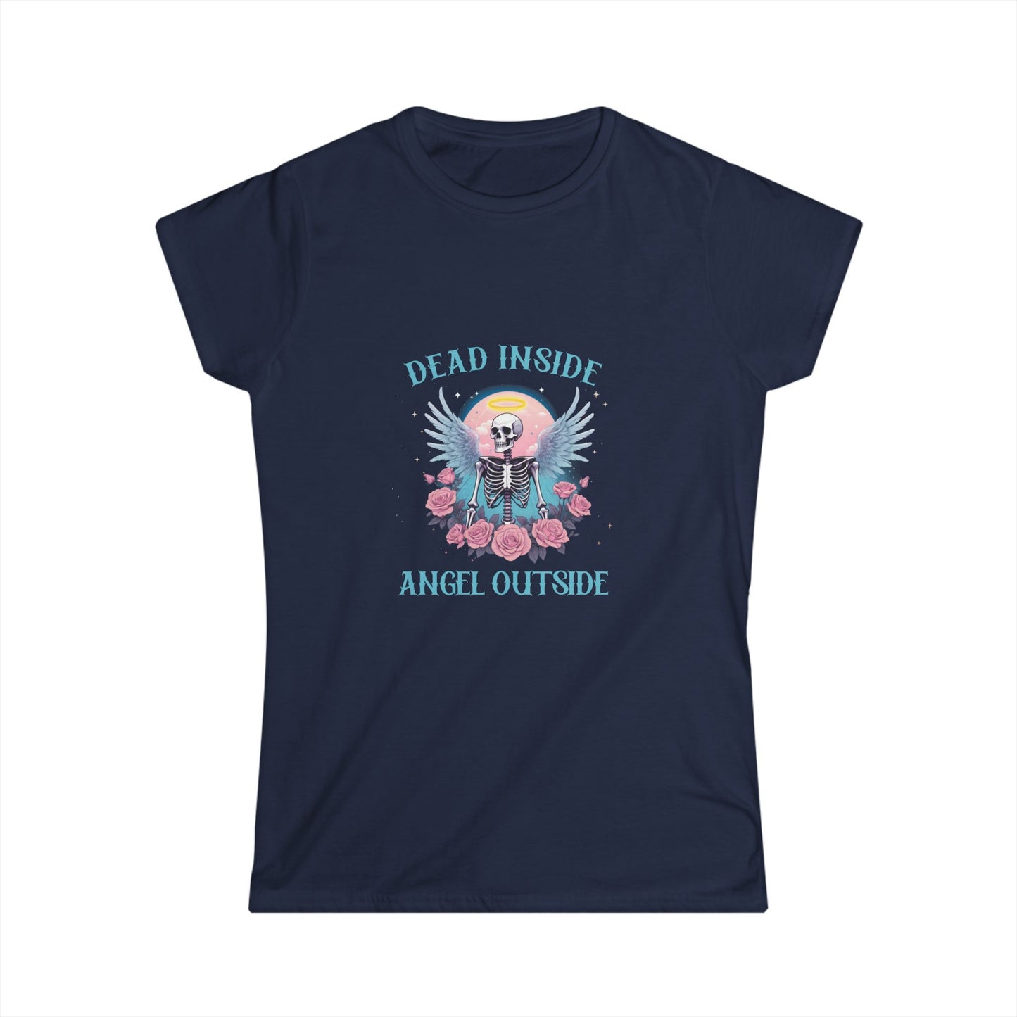 Navy blue t-shirt with a skeleton and floral design on a white background