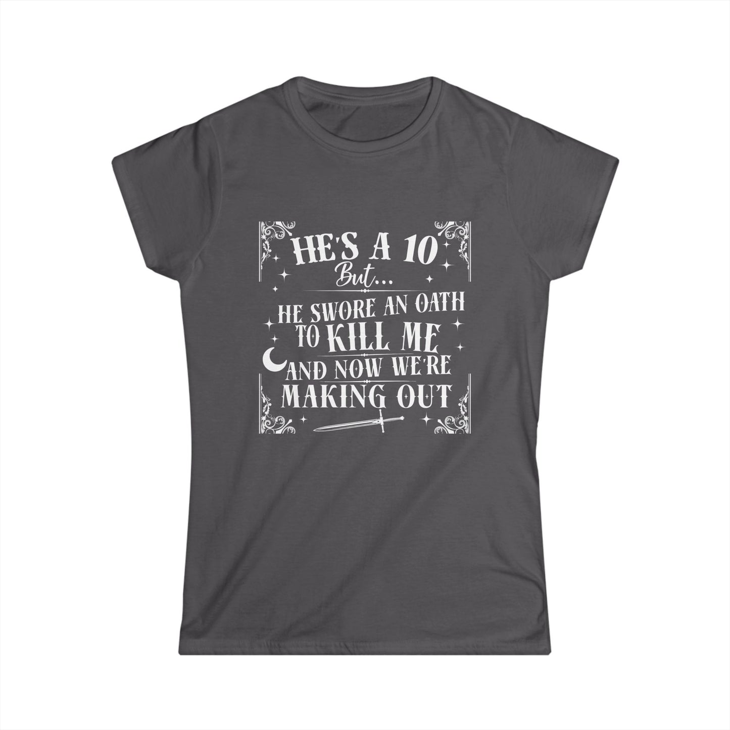 Dark gray t-shirt with white text on a white background
