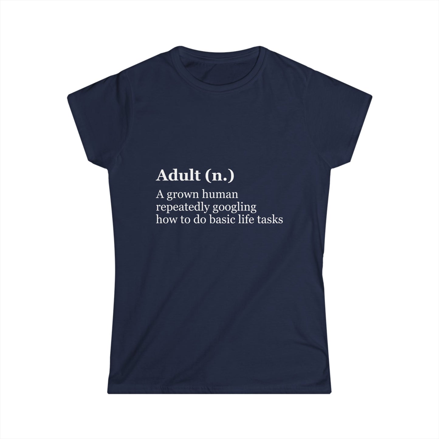Navy blue t-shirt with white text on a white background