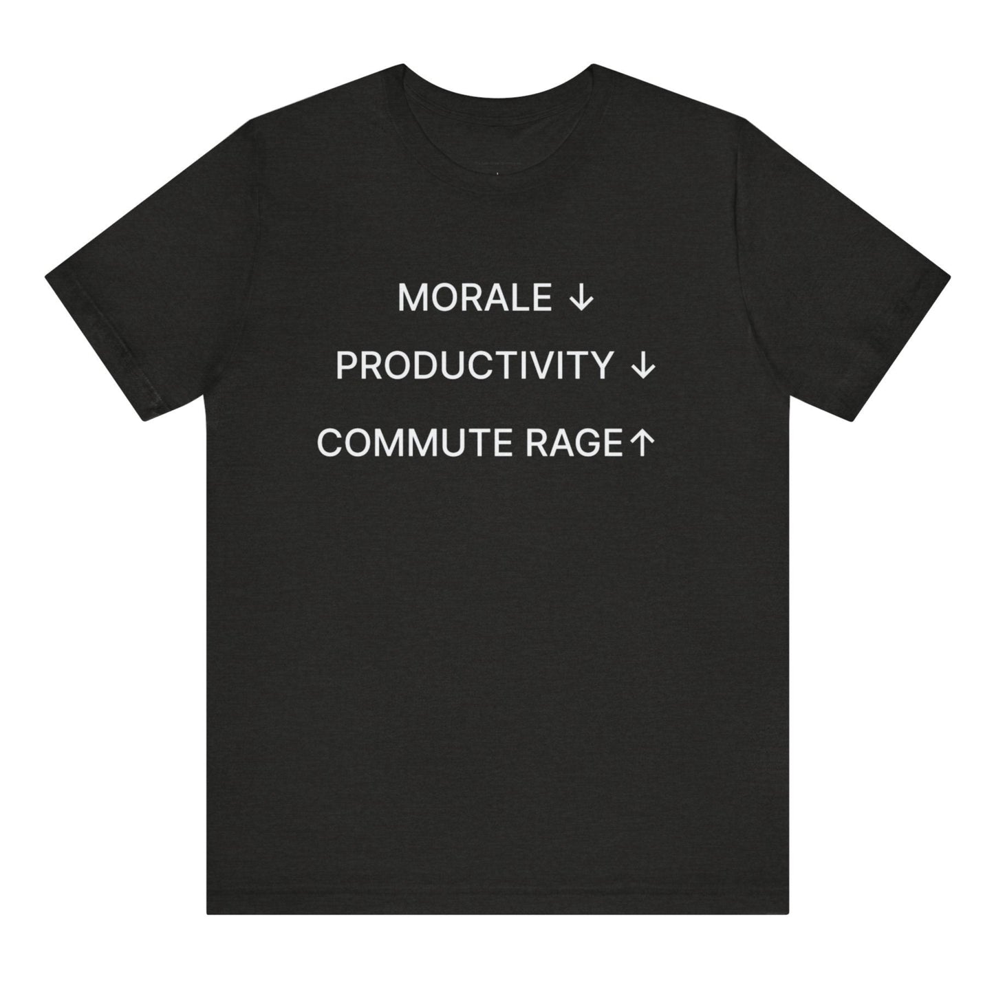 Black t-shirt with white text on a white background