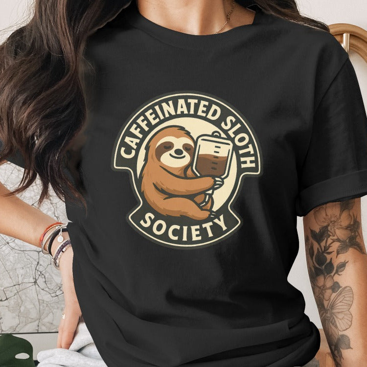 Person wearing a black t-shirt with a 'Caffeinated Sloth Society' graphic design.