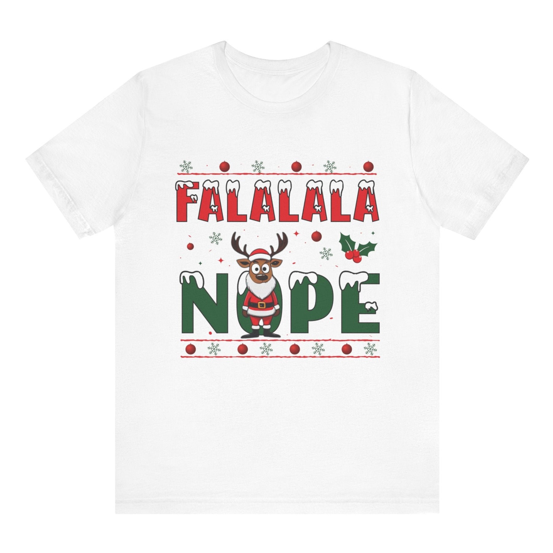 White t-shirt with Christmas-themed text and reindeer design on a white background