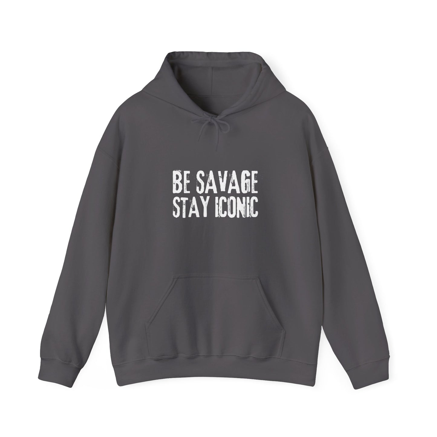 Gray hoodie with 'BE SAVAGE STAY ICONIC' text on a white background