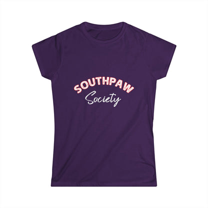 Purple t-shirt with 'Southpaw Society' text on a white background