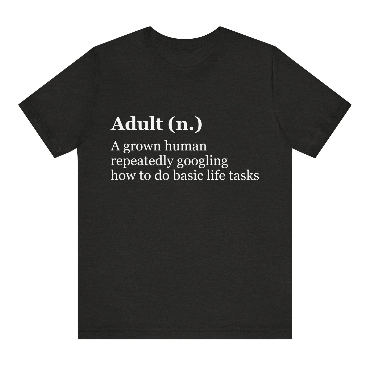 Black t-shirt with white text on a white background