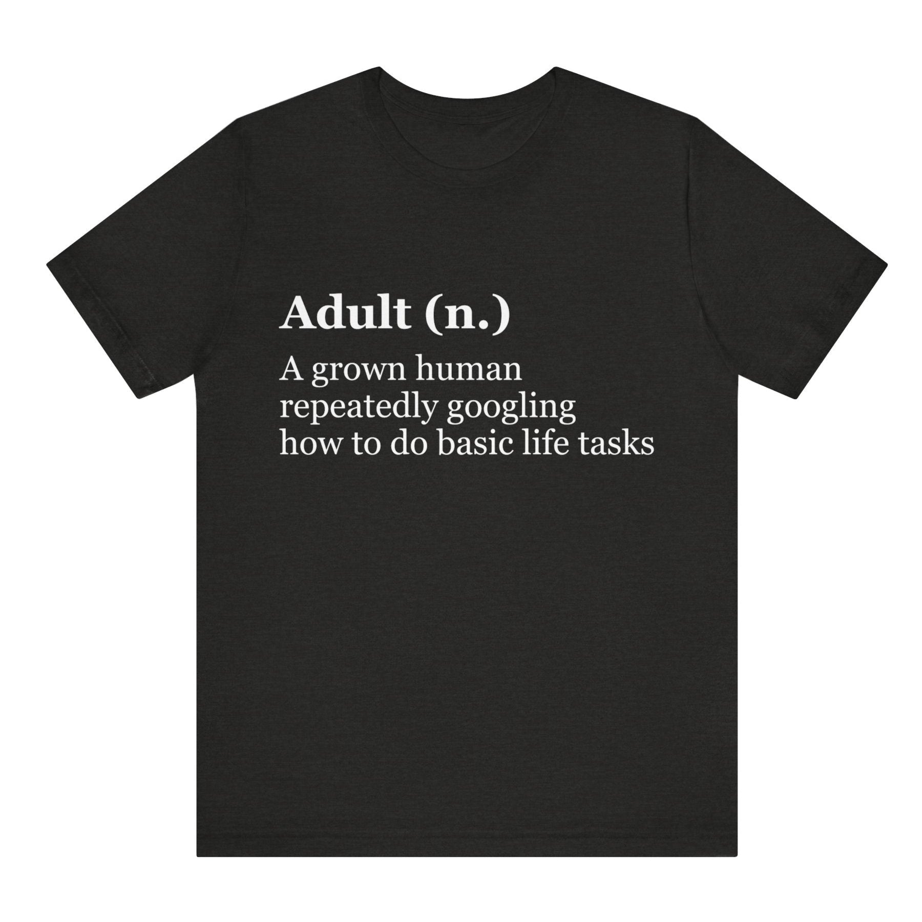 Black t-shirt with white text on a white background