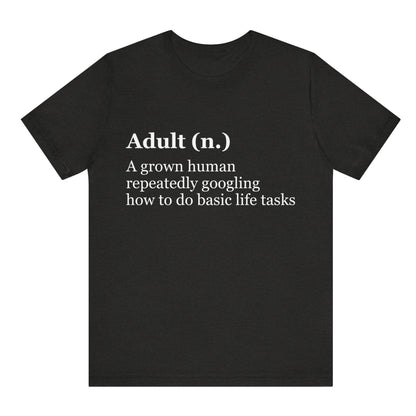 Black t-shirt with white text on a white background