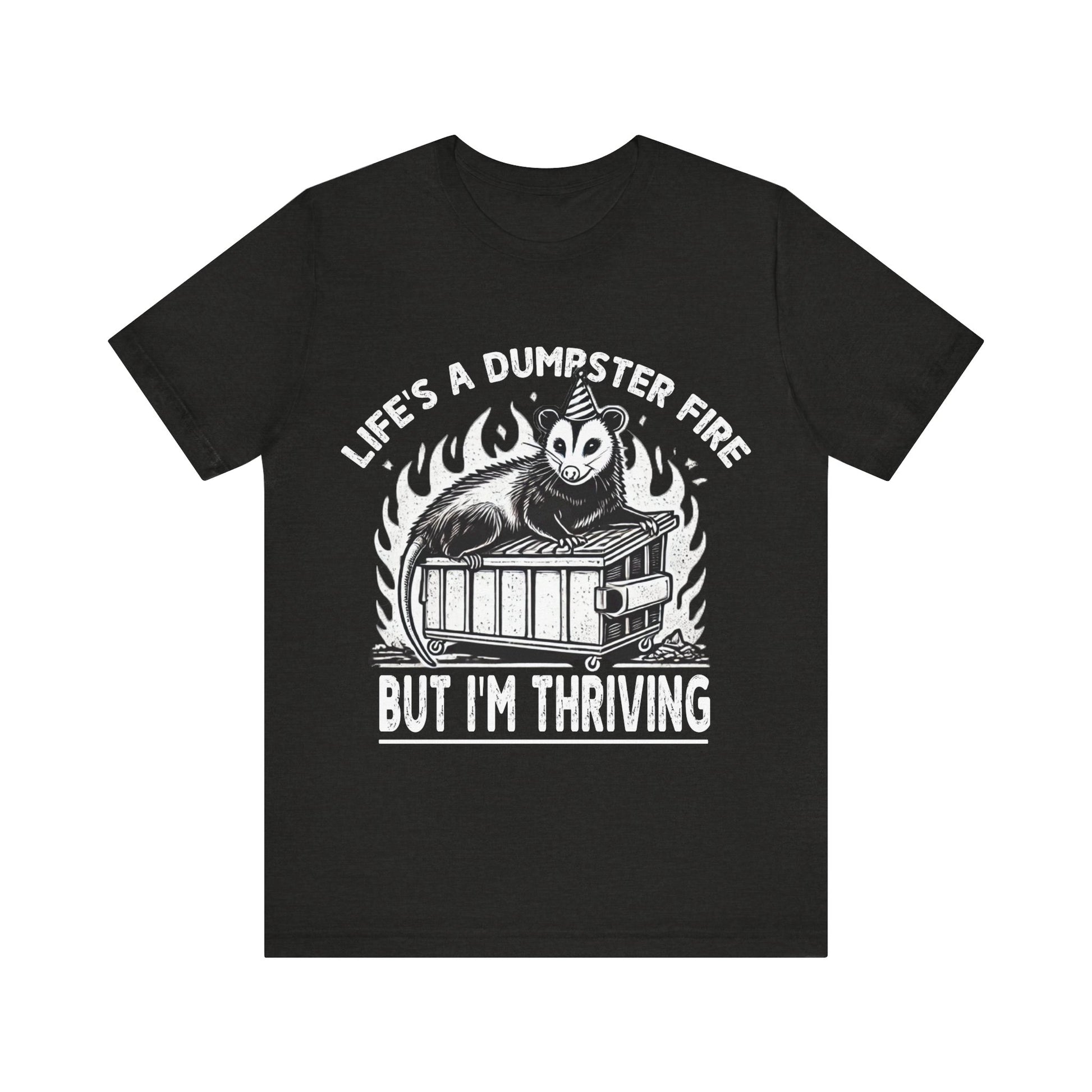 Black t-shirt with graphic design and text on a white background