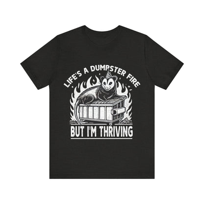 Black t-shirt with graphic design and text on a white background