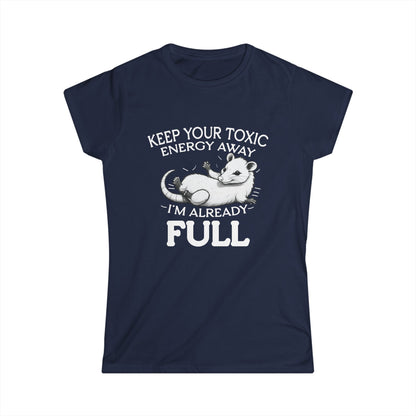 Navy blue t-shirt with white graphic and text on a white background