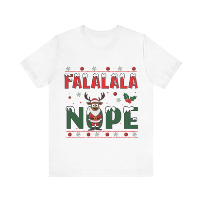 White t-shirt with Christmas-themed text and reindeer graphic on a white background