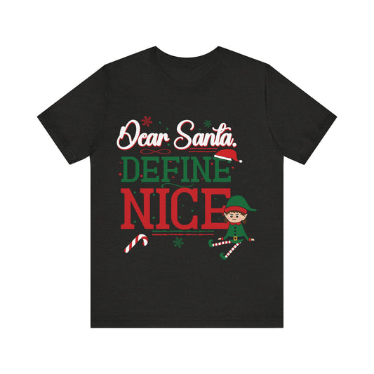 Black t-shirt with Christmas-themed text and graphics on a white background