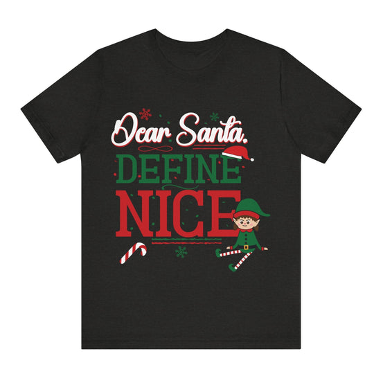 Black t-shirt with Christmas-themed text and graphics on a white background