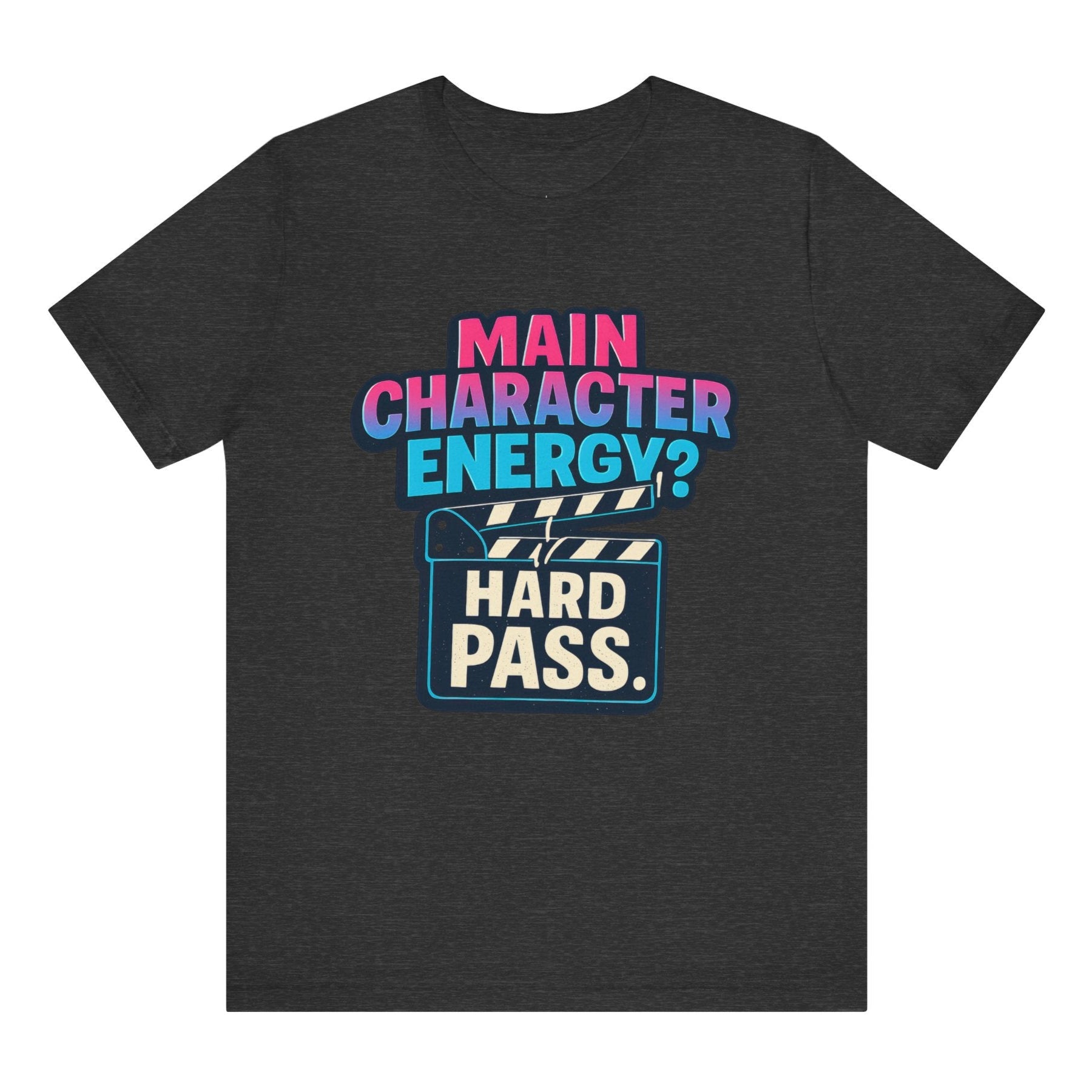 Black t-shirt with colorful text design on a white background