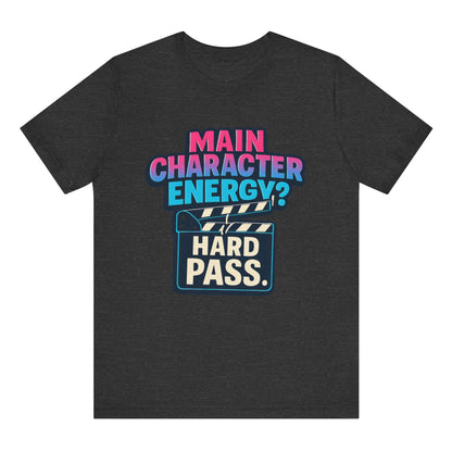 Black t-shirt with colorful text design on a white background