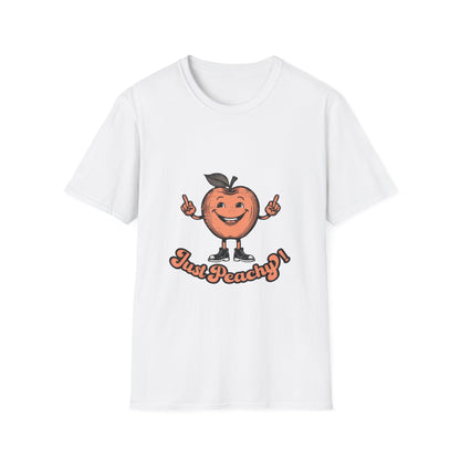 A blue men's crew neck t-shirt with the text 'Just Peachy' and an illustration of a peach with a face on it.