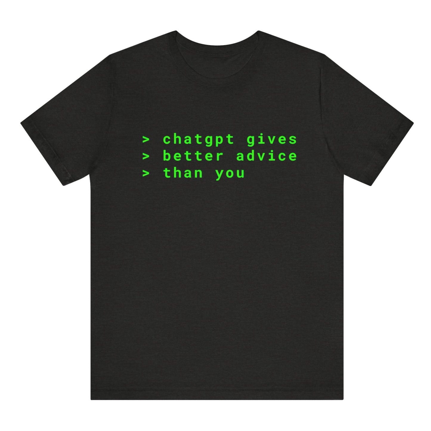 Black t-shirt with green text on a white background