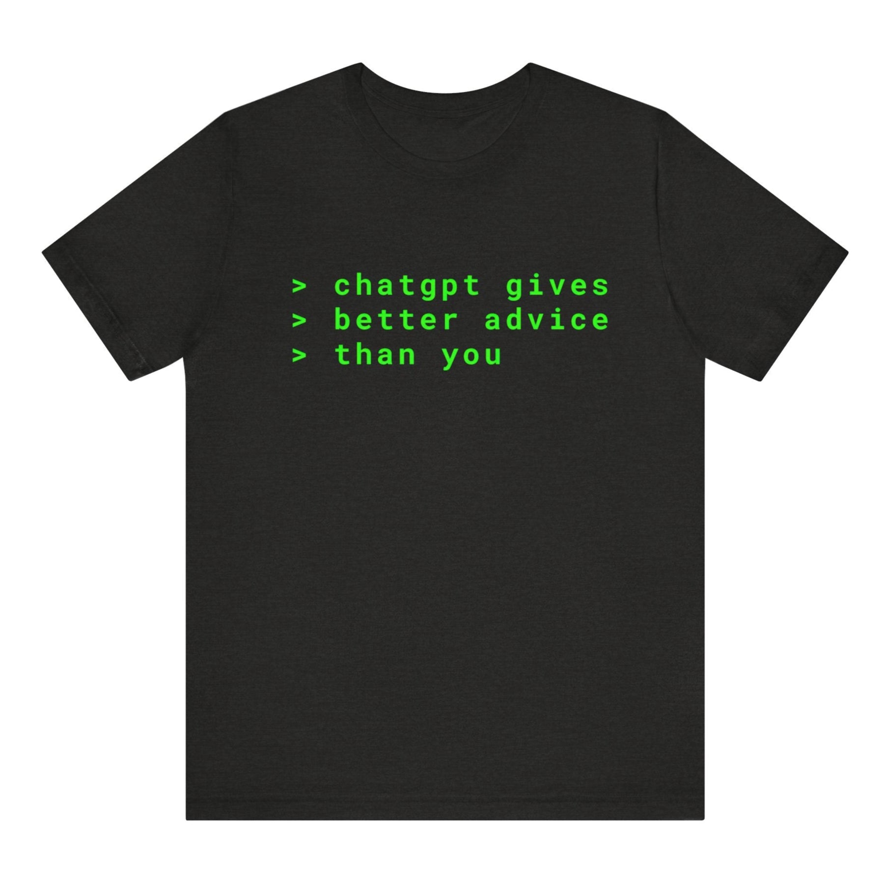 Black t-shirt with green text on a white background