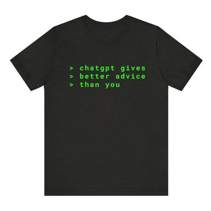Black t-shirt with green text on a white background