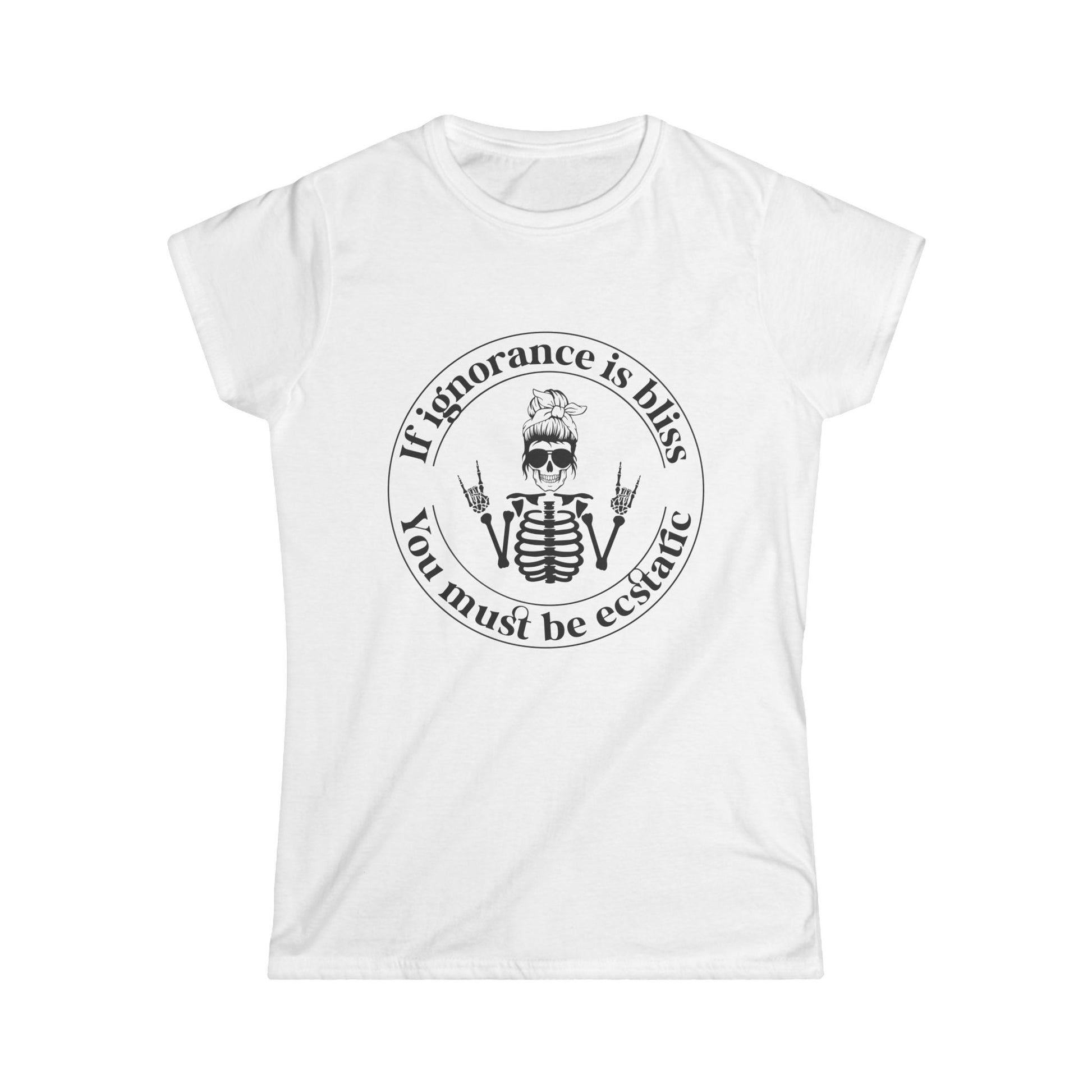 White t-shirt with black graphic and text on a white background